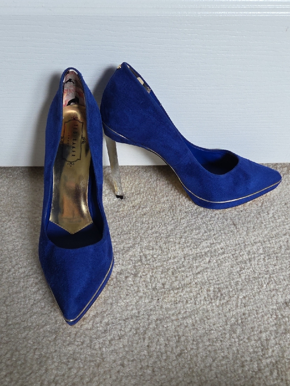 Nearly New Ted Baker Cobalt Blue Suede & Gold Pointed-Toe Stiletto Pumps